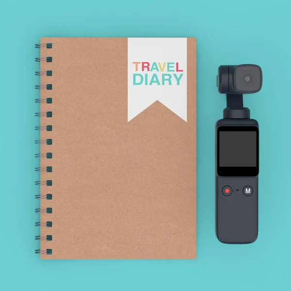 Brown Spiral Travel Diary Notepad with Pocket Handheld Gimbal Action Camera on a blue background. 3d Rendering