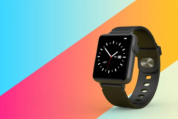 Black Modern Smart Watch Mockup Fundo Diagonal Multicolorido Renderização — Fotografia de Stock