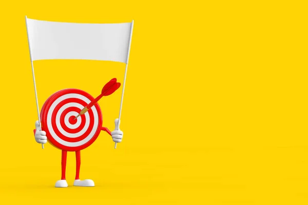 Archery Target and Dart in Center Cartoon Person Character Mascot and Empty White Blank Banner with Free Space for Your Design on a yellow background. 3d Rendering