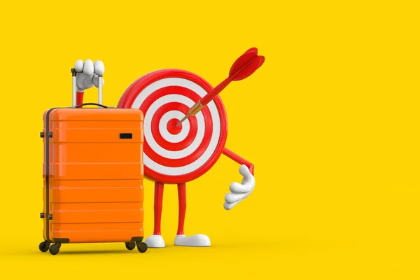 センターのアーチェリーターゲットとダーツ漫画の人物黄色の背景にオレンジ旅行スーツケースとキャラクターマスコット 3Dレンダリング — ストック写真