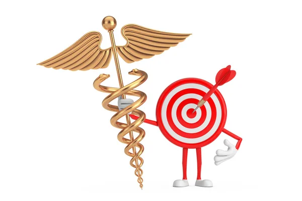 中心卡通人物形象吉祥物中的射箭目标和飞镖 白色背景上的金色医学干部符号 3D渲染 — 图库照片
