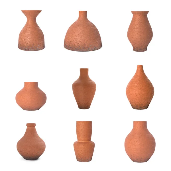 Set Retro Orange Clay Vasos Cerâmica Fundo Branco Renderização — Fotografia de Stock