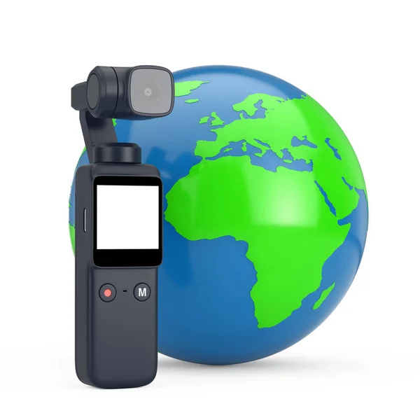 stock image Pocket Handheld Gimbal Action Camera with Earth Globe on a white background. 3d Rendering 