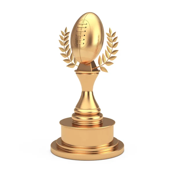 ゴールデンクラシックオールドラグビーボールとローレルワースを背景にしたゴールデン賞トロフィー 3Dレンダリング — ストック写真