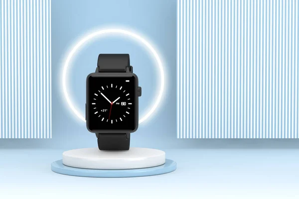 Black Modern Smart Watch Mockup Cima Palco Apresentação Produto Pedestal — Fotografia de Stock