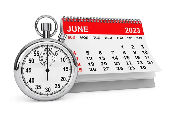 2023 Rok Czerwiec Kalendarz Stopwatch Białym Tle Renderowanie — Zdjęcie stockowe