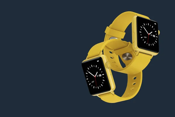 Yellow Modern Smart Watch Mockups Connected Together Dark Blue Background — Stock Photo, Image