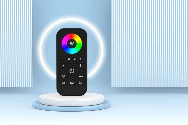 Infrared Remote Lighting Control for RGB Led Lamp or RGB Strip on top of Product Presentation Stage or Pedestal on a blue background. 3d Rendering