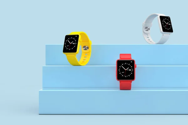 Biały Żółty Czerwony Nowoczesny Smart Watch Makiety Blue Product Prezentacja — Zdjęcie stockowe