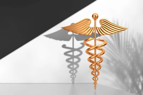 一个白色产品展示平台上的金色医疗卡德鲁西乌斯符号的极致特写 3D渲染 — 图库照片