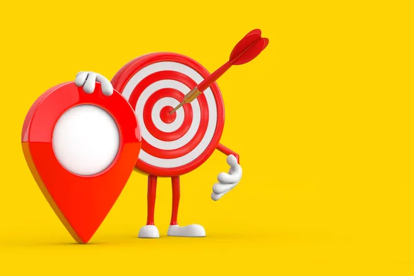 Archery Target and Dart in Center Cartoon Person Character Mascot with Red Target Map Pointer Pin on a yellow background. 3d Rendering