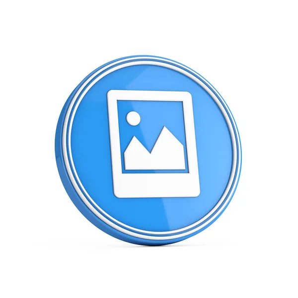 Ícone Moldura Imagem Foto Botão Azul Círculo Fundo Branco Renderização — Fotografia de Stock
