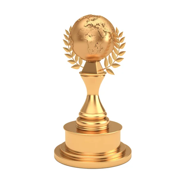 Złote Trofeum Złotym Globem Ziemi Laurel Wreath Białym Tle Renderowanie — Zdjęcie stockowe