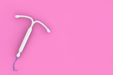 Doğum Kontrol Konsepti. Pembe arka planda T Shape IUD Hormonal Intrauterine Cihazı. 3d Hazırlama 