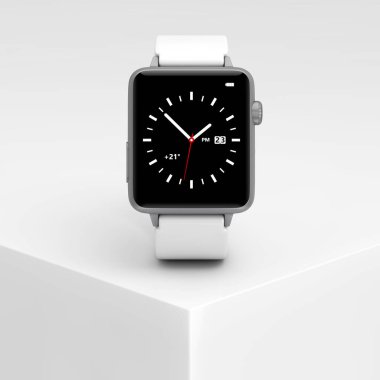 White Modern Smart Watch Mockup Beyaz Ürün Sunum Podyum Küpü 'nde son derece yakın çekim. 3d Hazırlama 