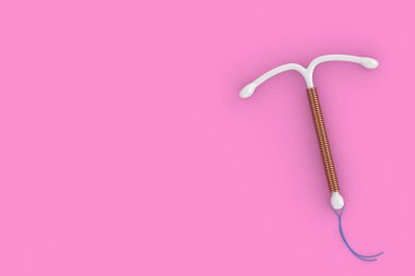 Doğum Kontrol Konsepti. Pembe arka planda T-Shape IUD Bakır Rahim İçi Cihazı. 3d Hazırlama 