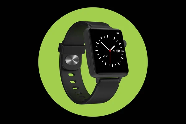 黑色现代智能手表在一个绿色圆形背景的调校 3D渲染 — 图库照片