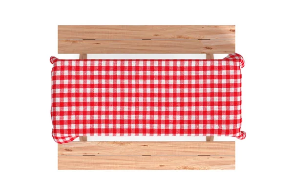 带长椅和红色软垫桌布的木制野餐桌的顶部视图 白色背景 3D渲染 — 图库照片