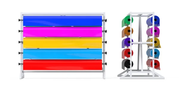 Rolos Fita Plástica Polietileno Pvc Multicolorido Amostras Folha Com Rack — Fotografia de Stock