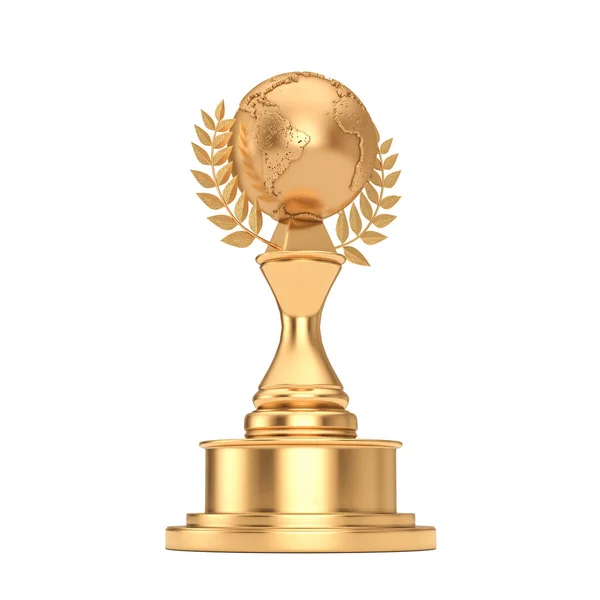 Golden Award Trophy Golden Earth Globe Laurel Wreath Белом Фоне — стоковое фото