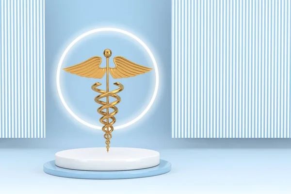 青色の背景に製品プレゼンテーションステージまたは台座の上にゴールド医療カドゥケウスシンボル 3Dレンダリング — ストック写真