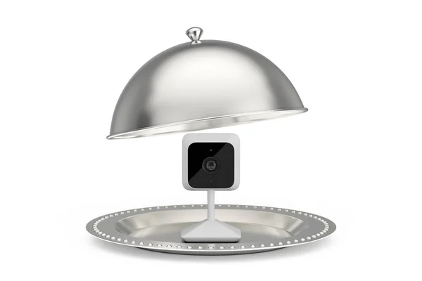 Silver Restaurant Cloche Fehér Modern Webkamerával Fehér Háttérrel Kiolvasztás — Stock Fotó