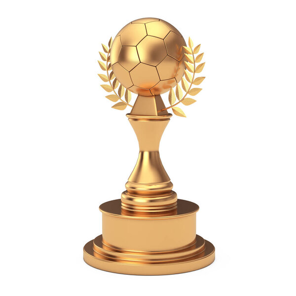 Golden Award Trophy with Golden Football Soccer Ball and Laurel Wreath on a white background. 3d Rendering 