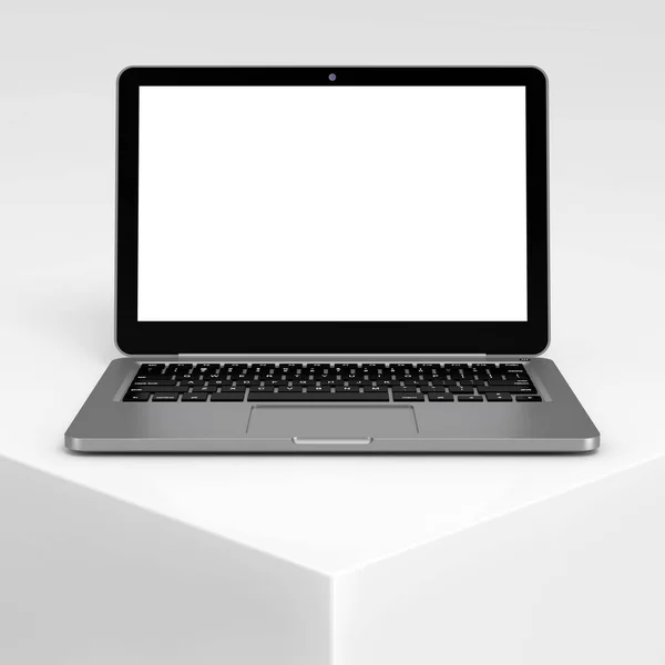 ホワイトプロダクトプレゼンテーションのあなたのデザインのためのブランクスクリーンと現代のラップトップコンピュータノートブック表彰台キューブ極端なクローズアップ 3Dレンダリング — ストック写真
