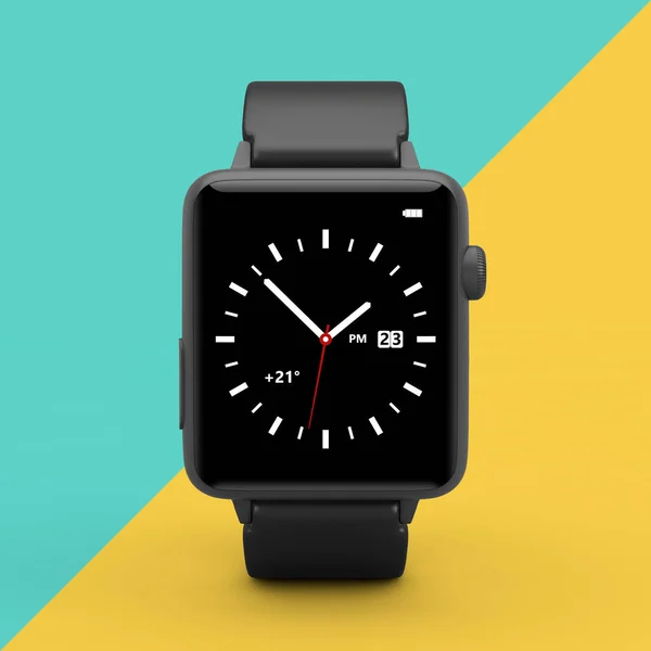 Black Modern Smart Watch Mockup Жовтому Синьому Фоні Рендеринг — стокове фото