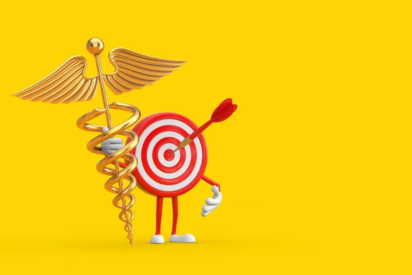 中心卡通人物形象吉祥物中的射箭目标和飞镖 黄色背景上的金色医学干部符号 3D渲染 — 图库照片