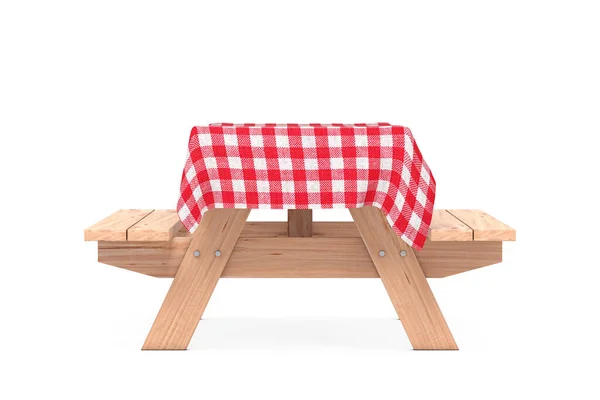 白い背景にベンチとレッドプレイテーブルクロスと木製のピクニックテーブル 3Dレンダリング — ストック写真