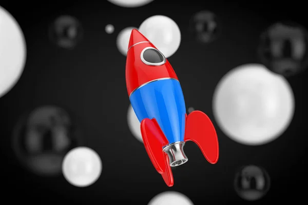 Startup Konzept Childs Toy Rocket Auf Einem Schwarz Weißen Ballhintergrund — Stockfoto
