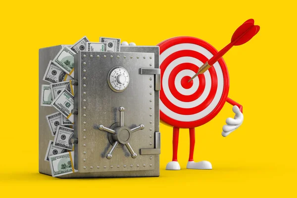 中心卡通人物吉祥物中的射箭目标和飞镖 黄色背景的保险柜或装满美元钞票的保险箱 3D渲染 — 图库照片