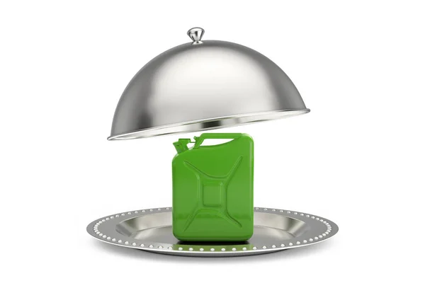 Silver Restaurang Cloche Med Grön Metall Jerrycan Vit Bakgrund Konvertering — Stockfoto