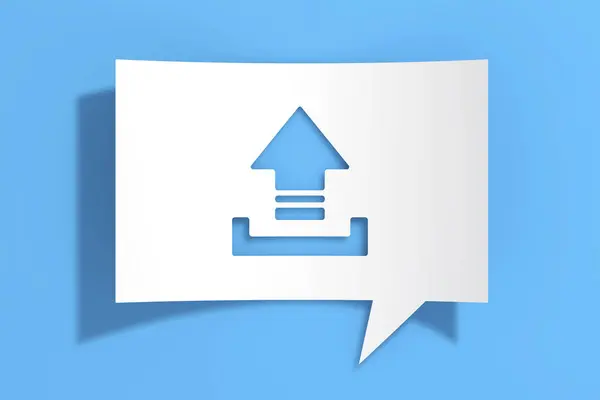 Upload Icon Cutout White Paper Speech Bubble Blue Background Rendering — Stock Photo, Image