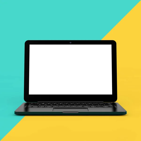 Nowoczesny Laptop Notatnik Komputerowy Pustym Ekranem Projektowania Żółtym Niebieskim Tle — Zdjęcie stockowe