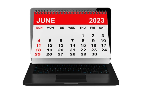 2023 Yıllık Takvim Haziran Takvimi Beyaz Arka Planda Dizüstü Bilgisayar — Stok fotoğraf