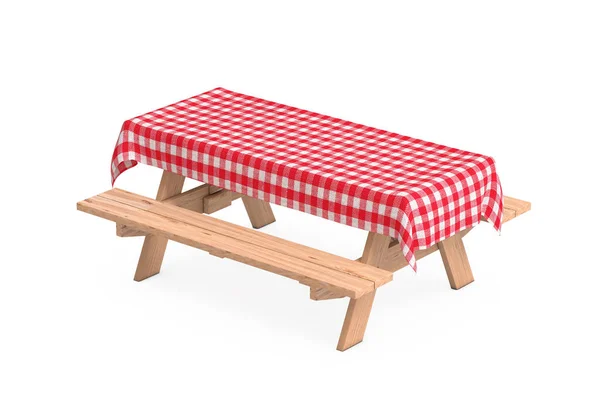 Piknik Asztal Padokkal Piros Kockás Asztalterítővel Fehér Háttérrel Kiolvasztás — Stock Fotó