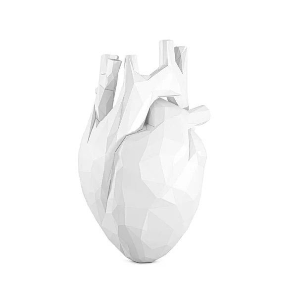 在白色背景下具有低波兰几何效应的白色抽象人类心脏 3D渲染 — 图库照片