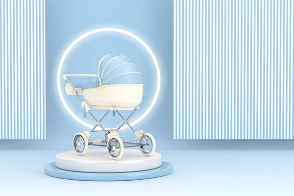 Moderne Blauwe Babywagen Wandelwagen Kinderwagen Bovenop Productpresentatie Podium Voetstuk Een — Stockfoto