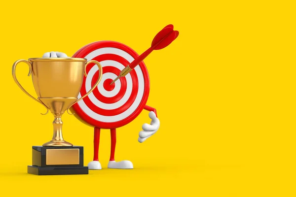 Archery Target and Dart in Center Cartoon Person Character Mascot with Golden Award Trophy on a yellow background. 3d Rendering