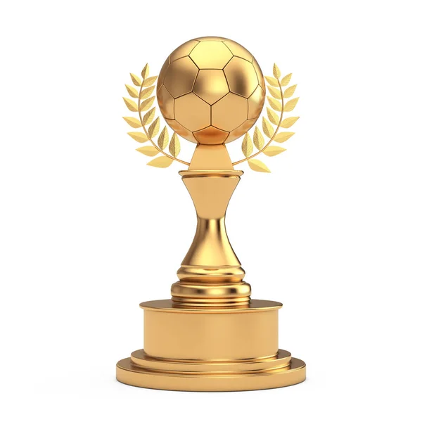 ゴールデンフットボールサッカーボールとローレルワースとゴールデン賞トロフィー白い背景にあります 3Dレンダリング — ストック写真