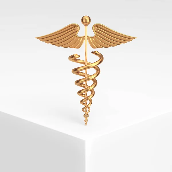 Gold Medical Caduceus Symbol Produto Branco Apresentação Podium Cube Extremo — Fotografia de Stock