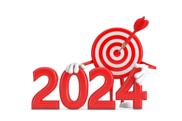 stock image Archery Target and Dart in Center Cartoon Person Character Mascot with Red 2024 New Year Sign on a white background. 3d Rendering 