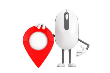 Beyaz arka planda Kırmızı Hedef Harita İşaretleyici Pin 'i olan Bilgisayar Fare Çizgi Filmi Karakteri Maskotu. 3d Hazırlama 