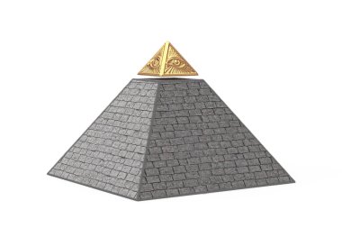Beyaz zemin üzerinde Altın Tepe Masonik Sembol Gören Göz Piramidi olan Taş Piramit. 3d Hazırlama 