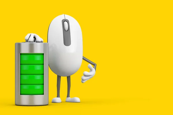 黄色の背景に抽象充電バッテリーを持つコンピュータマウス漫画の人物キャラクターマスコット 3Dレンダリング — ストック写真