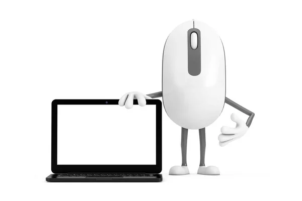 コンピュータマウス漫画の人物キャラクターマスコット現代のラップトップコンピュータノートブックと白の背景にあなたのデザインのための空白の画面 3Dレンダリング — ストック写真