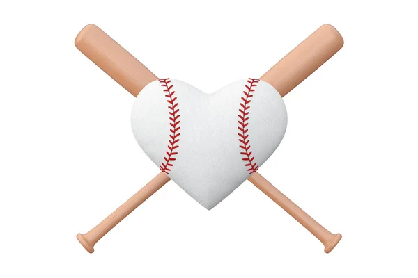 Pallone Baseball Bianco Forma Cuore Pipistrello Legno Uno Sfondo Bianco — Foto Stock