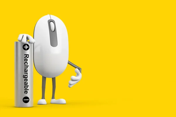 黄色の背景に充電式バッテリーを搭載したコンピューターマウス漫画の人物キャラクターマスコット 3Dレンダリング — ストック写真